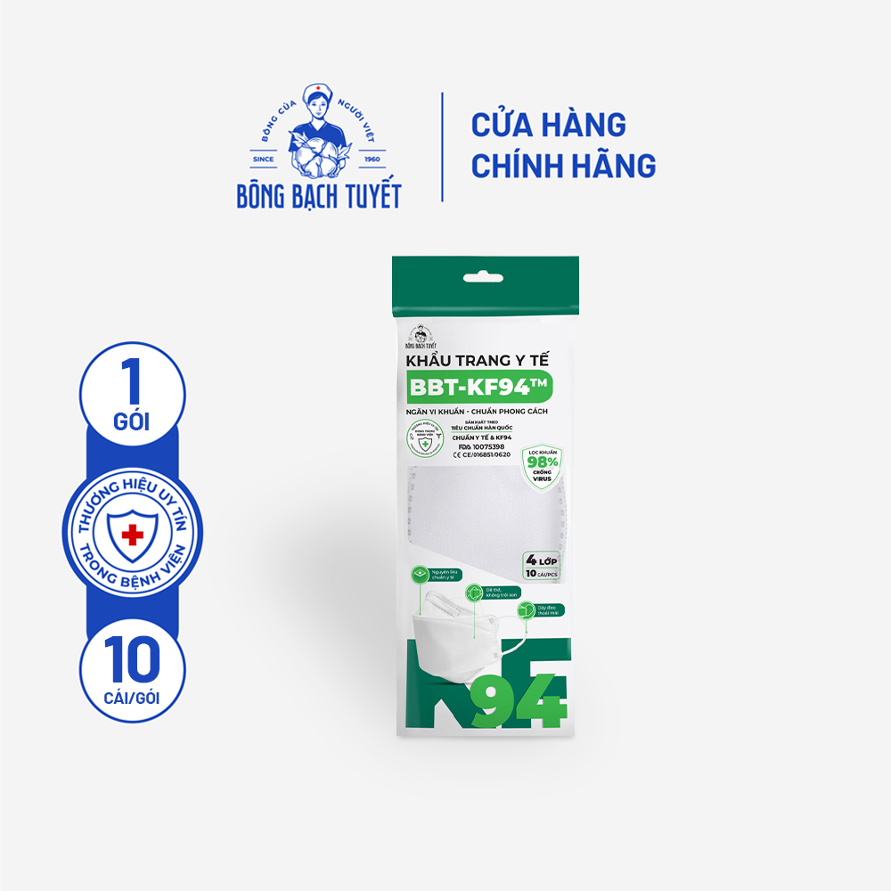 Khẩu trang Bông Bạch Tuyết KF94 4 lớp trắng (10 cái/gói)