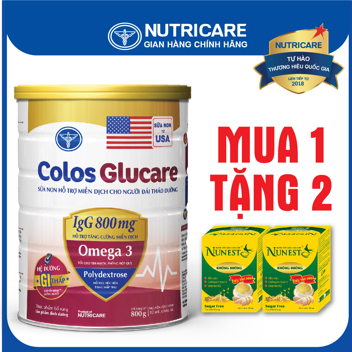 [Tặng 2 lọ yến] Sữa bột Nutricare COLOS GLUCARE cho người đái tháo đường 800g