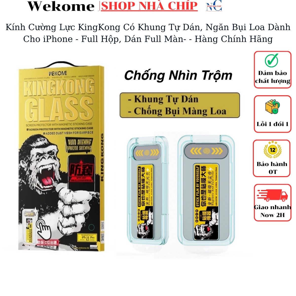 Kính Cường Lực KingKong Có Khung Tự Dán, Ngăn Bụi Loa Dành Cho iPhone - Full Hộp, Dán Full Màn - Hàng Chính Hãng