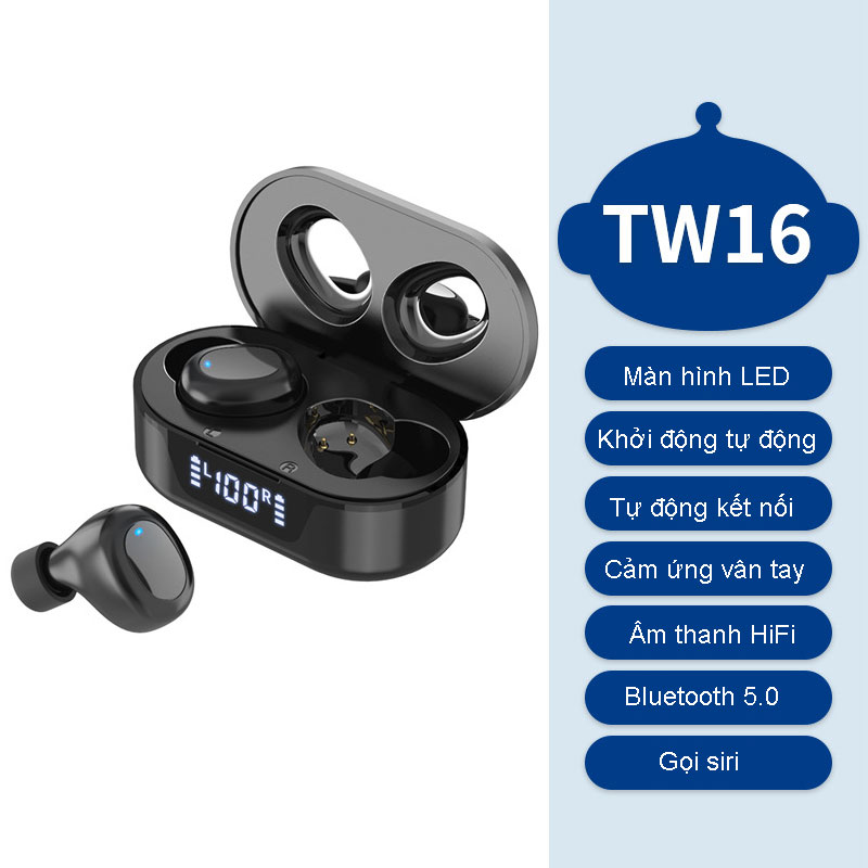 Tai Nghe Bluetooth Không Dây, Tai Nghe Nhét Tai TW16, Bluetooth 5.0 ,Cảm Ứng Vân Tay, Màn Led Báo Pin, Kháng Nước, Chống Ồn, Âm Thanh Cực Chất - Chính Hãng DKB