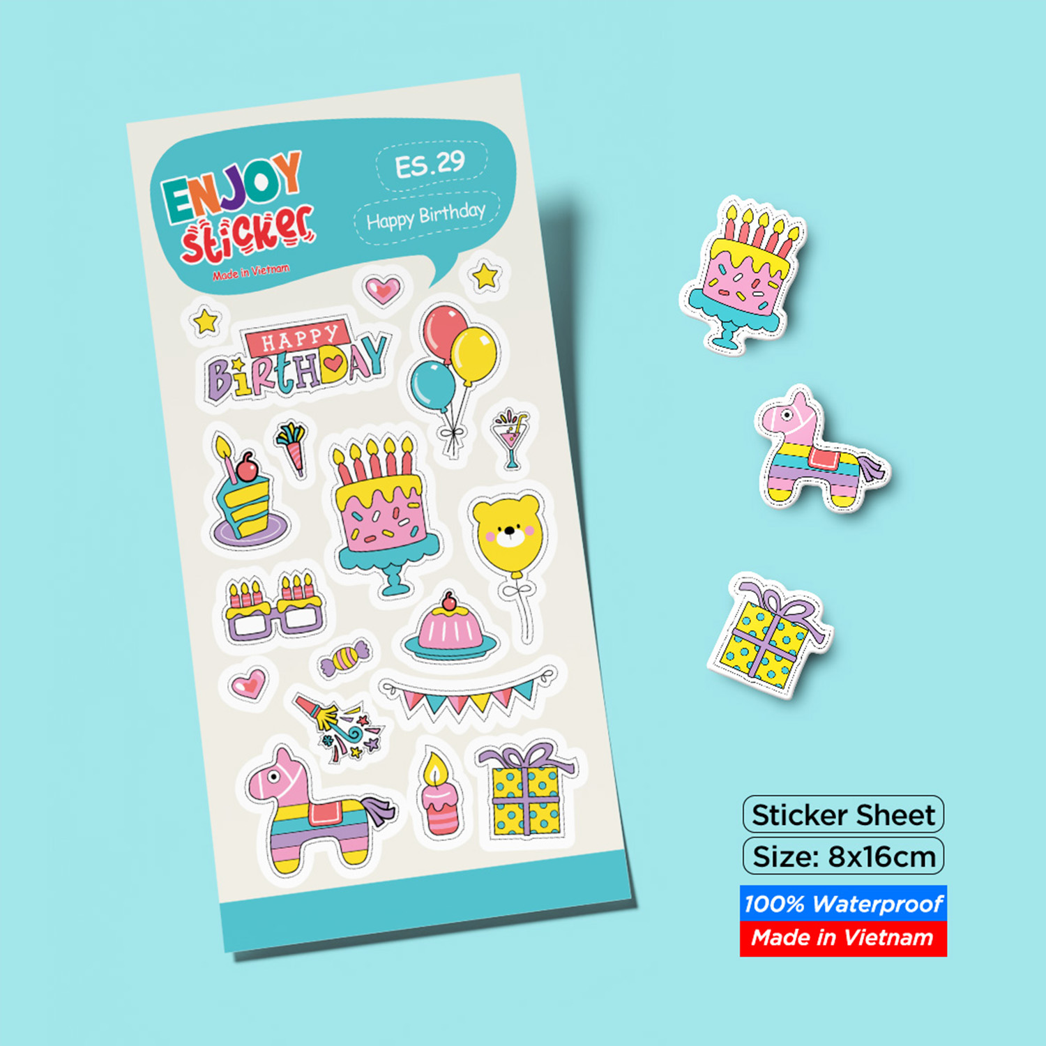 ES29 Happy Birthday Enjoy sticker sheet hình dán chống thấm nước Made in Vietnam Sticker Factory