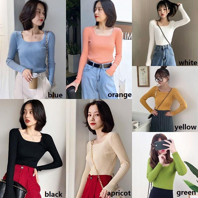 Áo Thun Dệt Kim Tay Dài Cổ Vuông Màu Trơn Thiết Kế Đơn Giản Cho Nữ