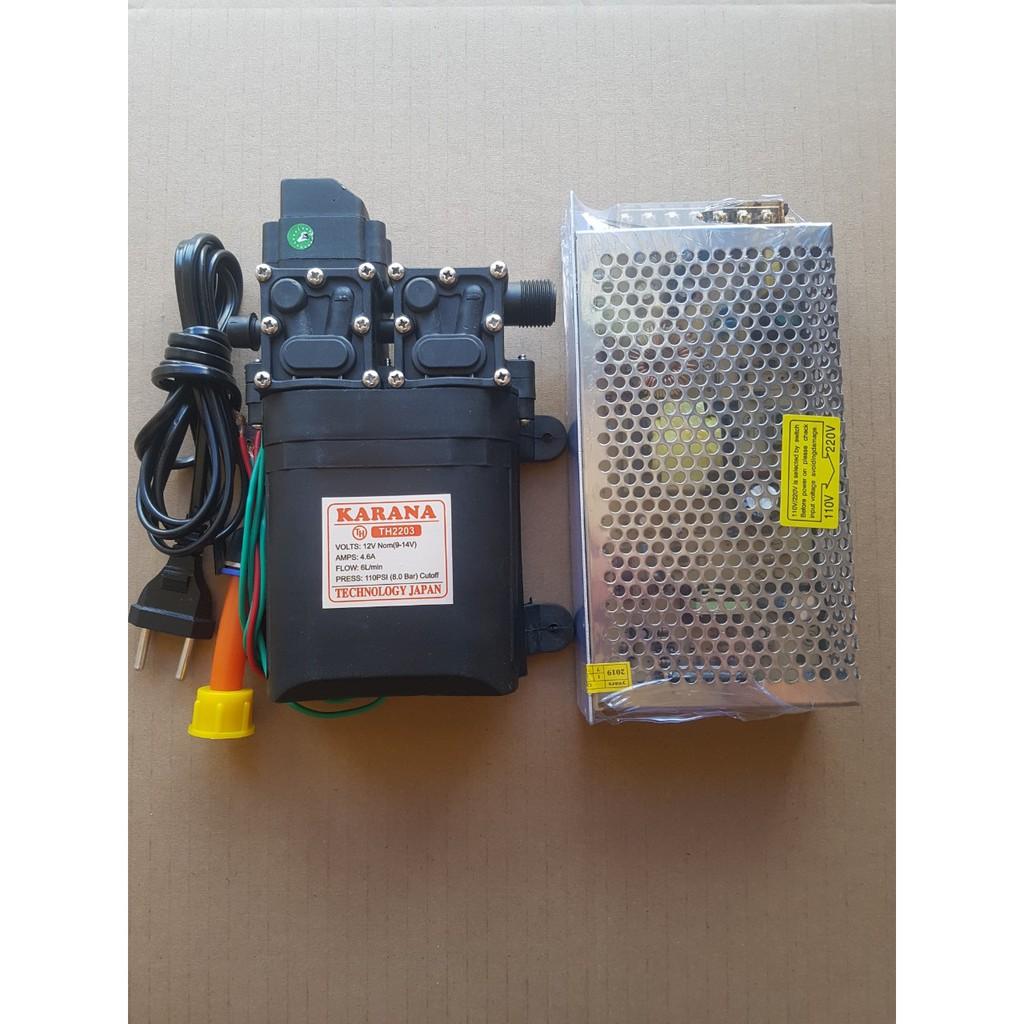 Bơm đôi tăng áp 12V KARANA kèm nguồn tổ ong 12V10A sử dụng 2 động cơ 775 cho áp lực gấp đôi tặng đuô chuyển ống 8li