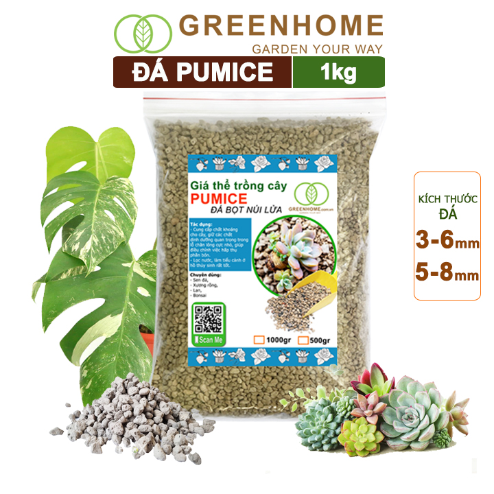 Đá Pumice, bao 1kg, đá bọt núi lửa, lót chậu, trộn đất sen đá, xương rồng, phong lan, nhiều size lựa chọn |Greenhome