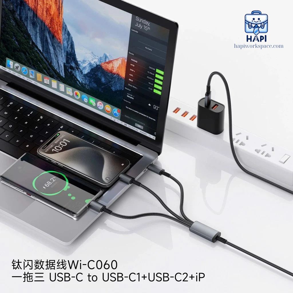 Cáp sạc hàng chính hãng WiWU Titanlink 3 trong 1 Wi-C060: Công suất 60W, tích hợp 2 Type-C, 1 L, sạc đa năng
