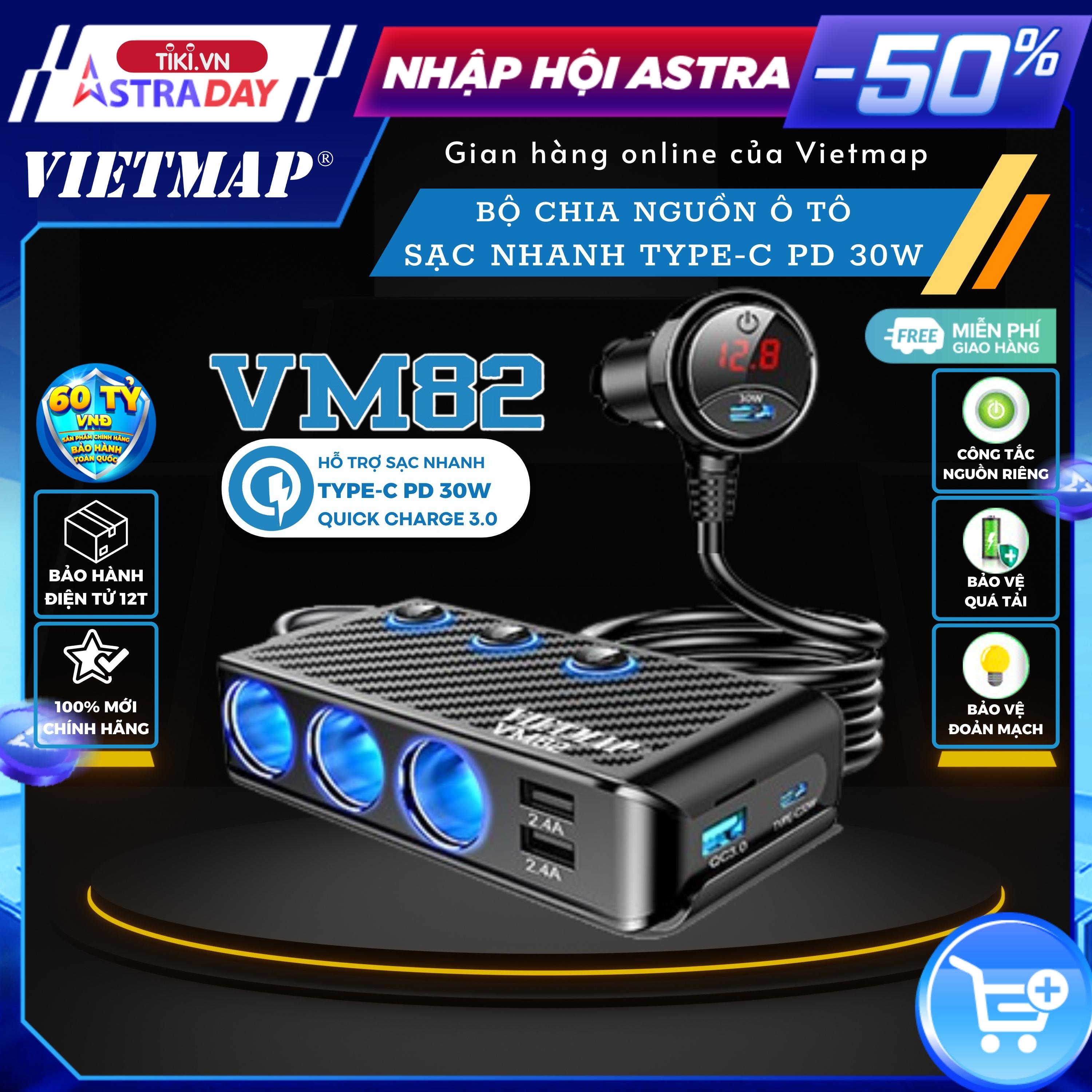 VIETMAP VM82 - Bộ chia sạc ô tô đa năng - Sạc nhanh Type-C PD 30W và QC 3.0 - Hàng chính hãng