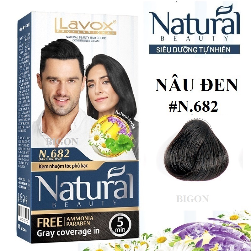 Kem Nhuộm Phủ Bạc Cao Cấp Siêu Dưỡng, Tự Nhiên Lavox - N.682 Dark Brown