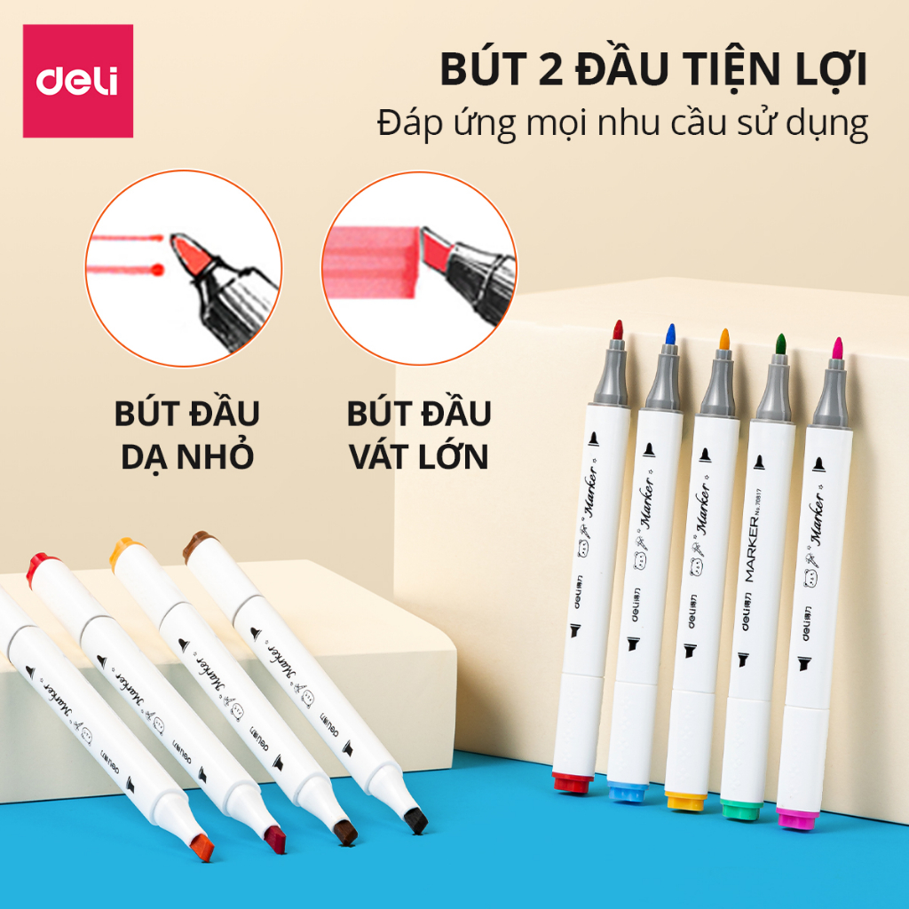 Bút Màu Dạ Marker 2 Đầu Cho Học Sinh Deli - 12/24/36/48/60 Màu Có Thể Rửa, Giặt Sạch Calligraphy Tô Màu Đi Nét Vẽ Tranh