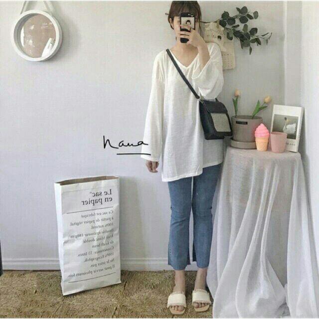 Áo thun tay dài cổ tim xẻ tà có bigsize