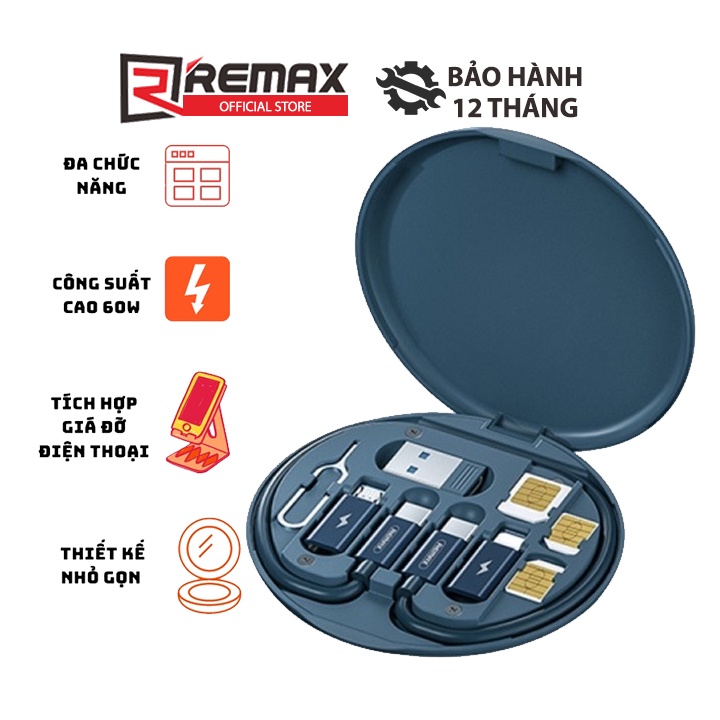 Cáp sạc đa năng 6 in 1 Sạc nhanh 60W Chính Hãng Remax -190 có tặng kèm hộp lưu trữ tiện dụng kiêm giá đỡ điện thoại - Hàng Chính Hãng Remax