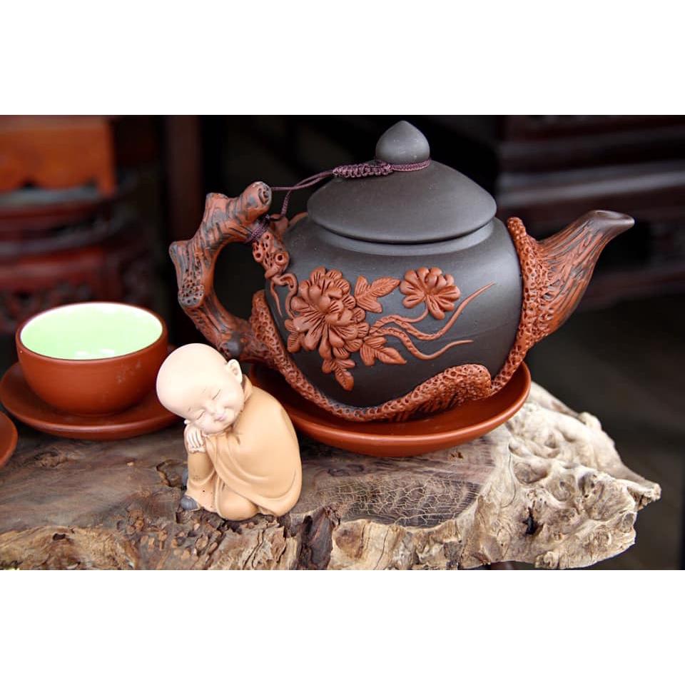Bộ Ấm Trà Gốm Đắp Tách Lót S2 Gốm Bát Tràng