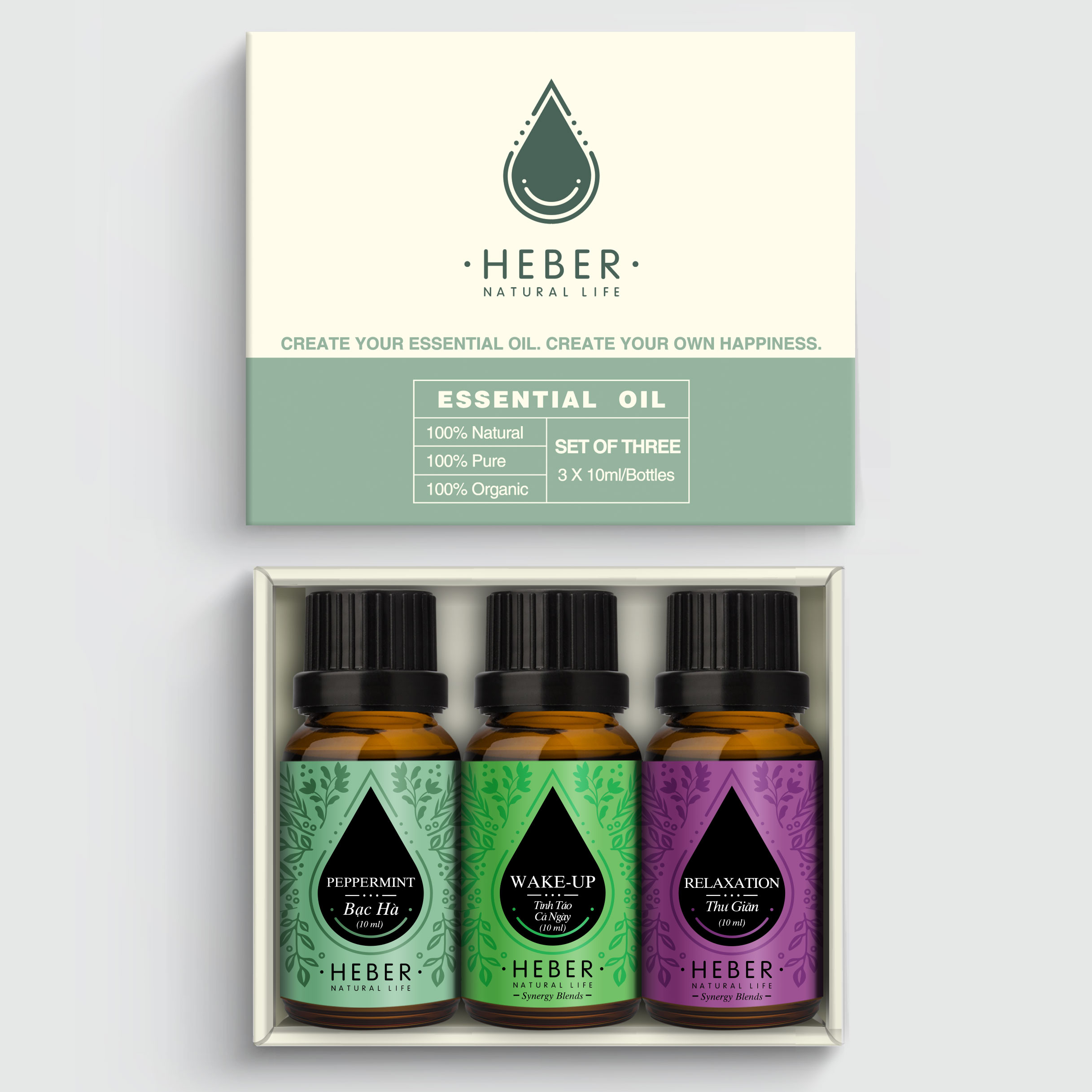 Set 3 Chai Tinh Dầu Xông Phòng Làm Việc Heber Natural Life | Bạc Hà - Wake Up Blends - Thư Giãn Blends | 100% Thiên Nhiên Nguyên Chất l 10ml