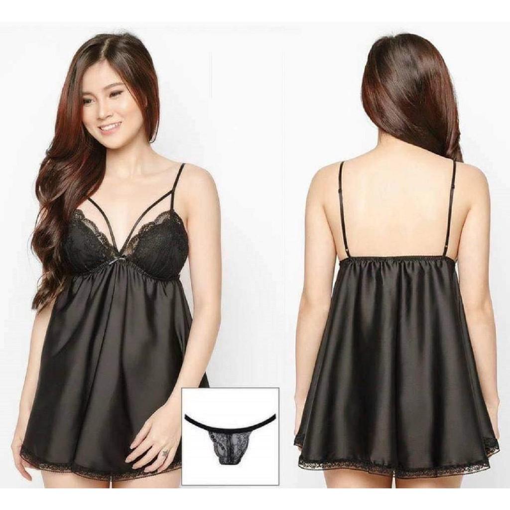Váy ngủ lụa sexy-Màu đen tặng kèm quần chip ren