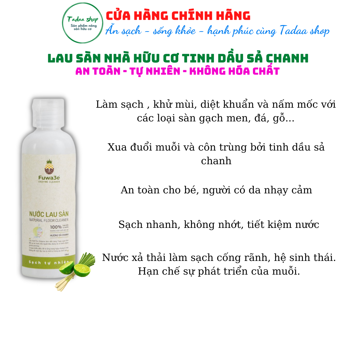 Nước lau sàn Enzyme sinh học Fuwa3e hương sả chanh chai 100ml