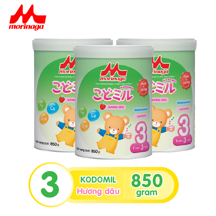 Combo 3 hộp sữa Morinaga số 3 Kodomil hương vani / hương dâu lon 850gr hàng nguyên đai, nguyên tem