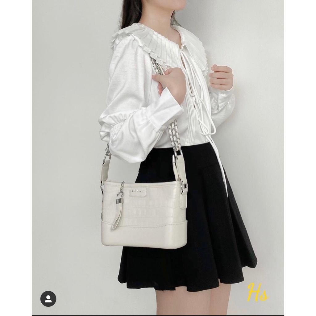 Áo Sơ Mi Nữ Lụa Trắng Cổ Bèo Xếp Ly Dây Buộc Dài Tay