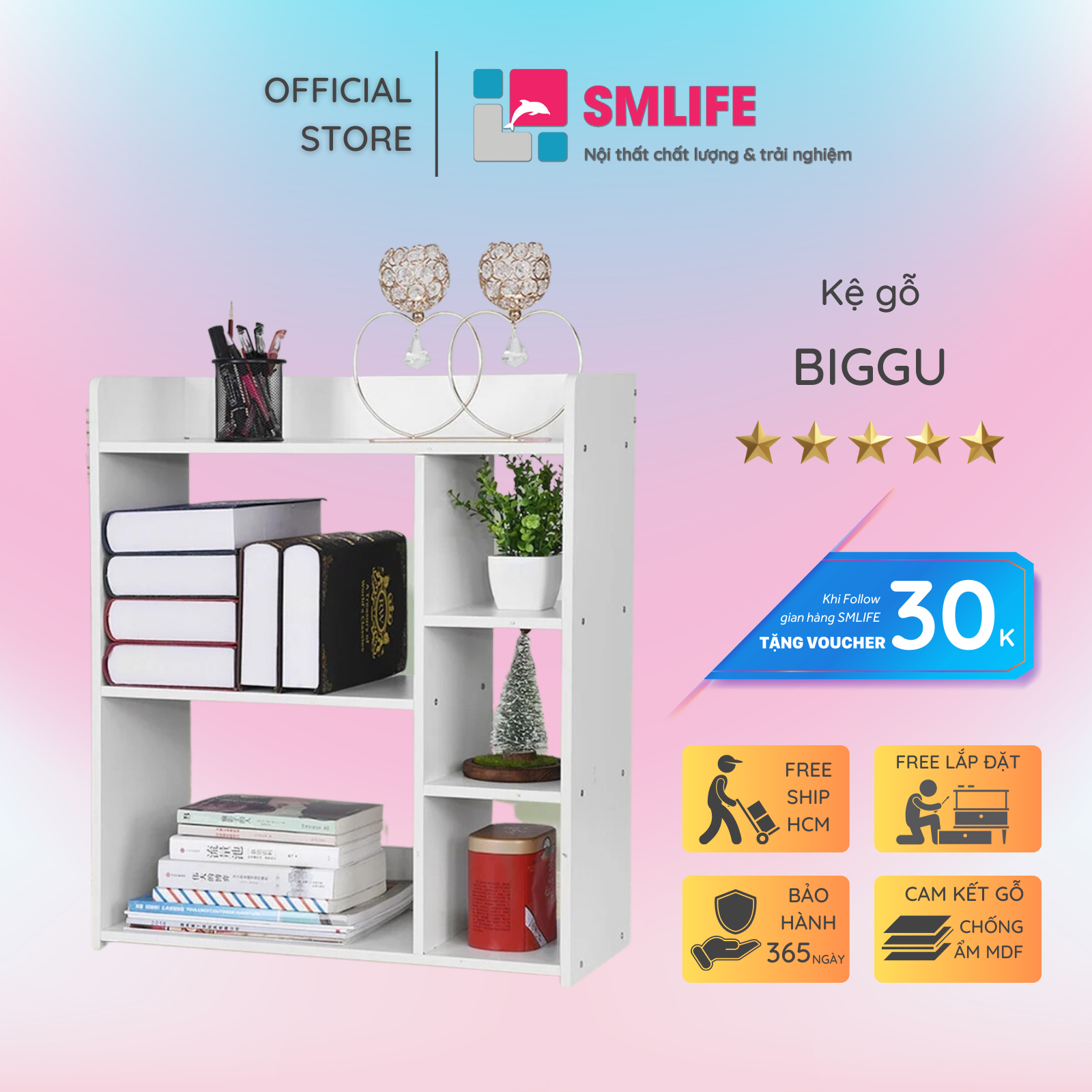 Kệ sách, kệ trang trí gỗ hiện đại SMLIFE Biggu | Gỗ MDF dày 17mm chống ẩm | D65xR25xC75cm