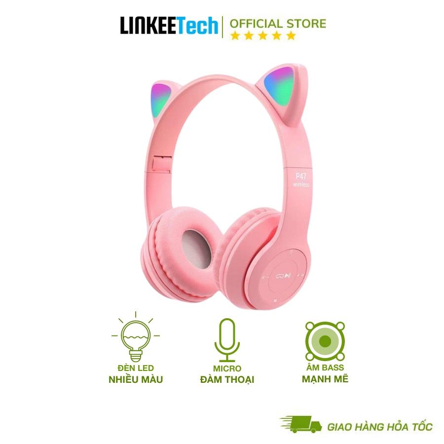 Tai nghe bluetooth 5.0 mini LinkeeTech P47M tai mèo loại mini, kèm micro có cỗng 3.5mm