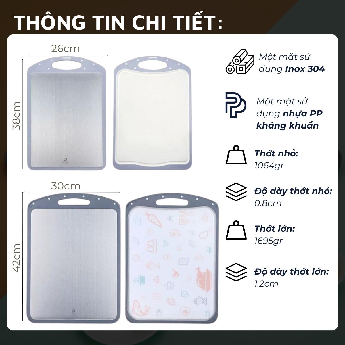 Thớt inox 304 và nhựa kháng khuẩn DandiHome cao cấp hai mặt 