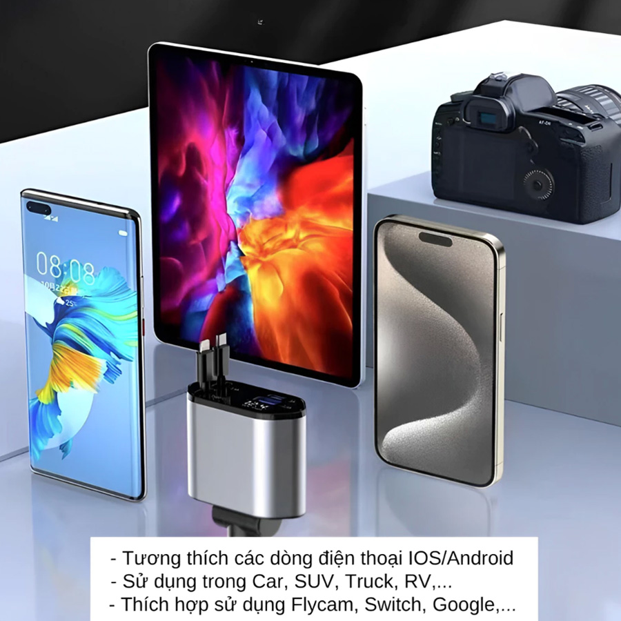 Tẩu Sạc Nhanh C1 Dây Rút Tự Động 4 in 1 USB Type-C Và Lightning Đa Năng Vỏ Hợp Kim Cao Cấp - Nhập Khẩu Chính Hãng