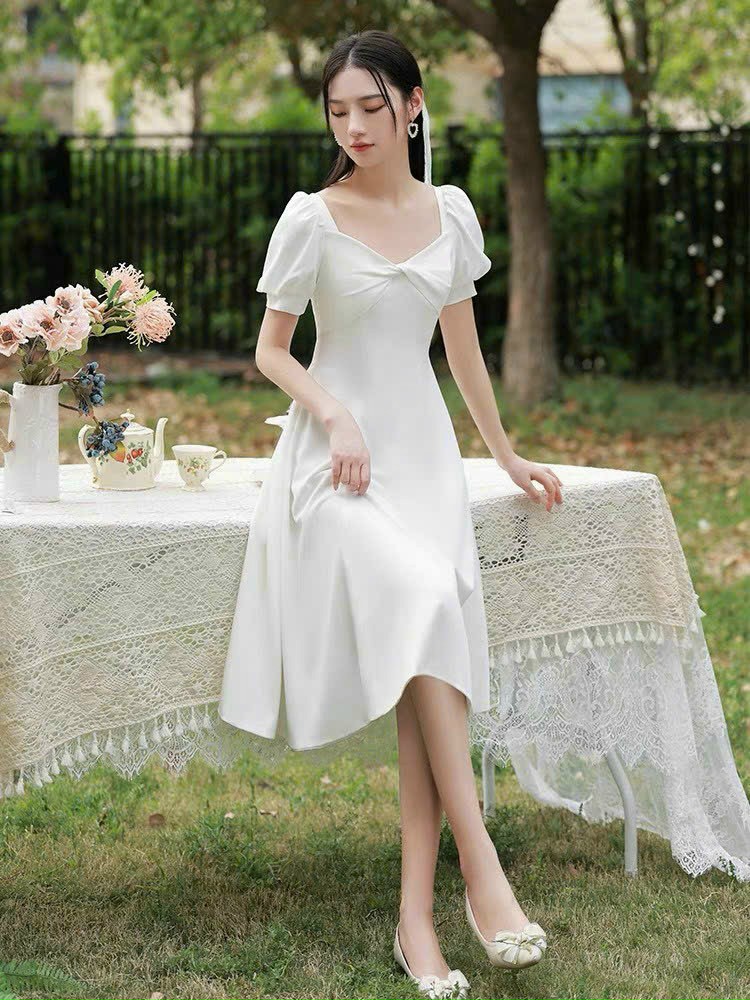 Đầm váy nữ dự tiệc đám cưới màu trắng tinh khiết trẻ trung nhẹ nhàng
