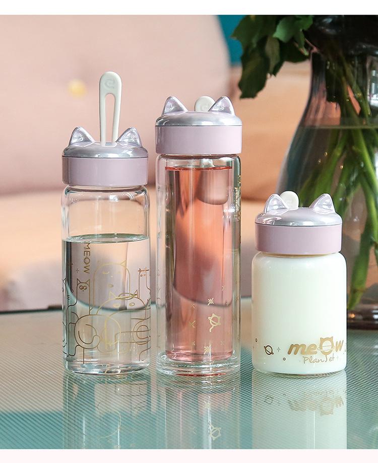 Educhild Mèo Kính Bình Nước 300Ml Ngoài Trời Sáng Tạo Giữ Nhiệt Có Dây Hoạt Hình Di Động Phụ Nữ Uống Nước
