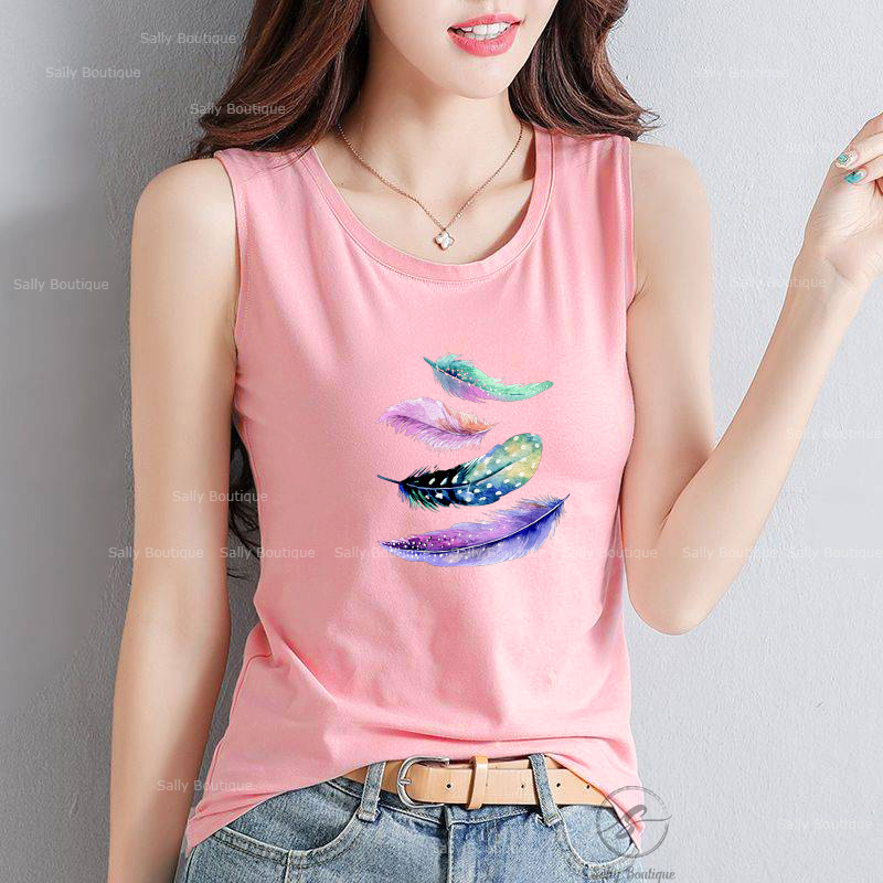 Áo Thun Sát Nách Nữ Bản To In Hình Lông Vũ Thun Cotton 100% Co Giãn 4 Chiều, Mềm Mịn Mặc Mát - Sally Boutique-SN137