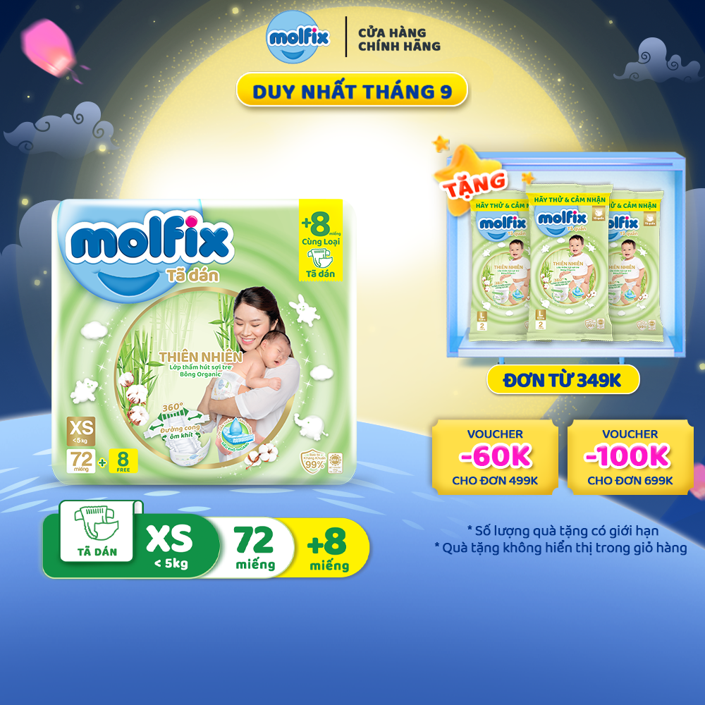 Tã/bỉm dán sơ sinh Molfix Thiên nhiên Jumbo Newborn  (dưới 5kg) - Gói 70 miếng