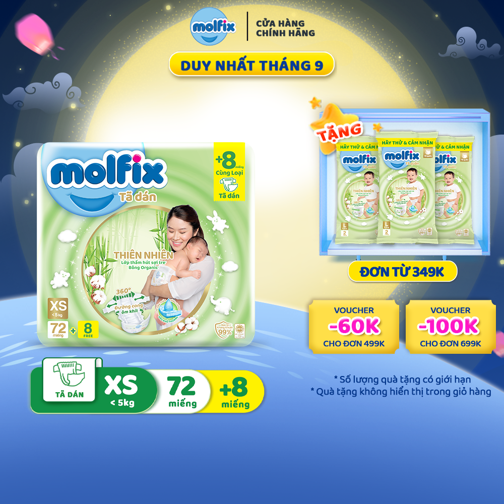 Tã/bỉm dán sơ sinh Molfix Thiên nhiên Jumbo Newborn (dưới 5kg) - Gói 72+8 miếng