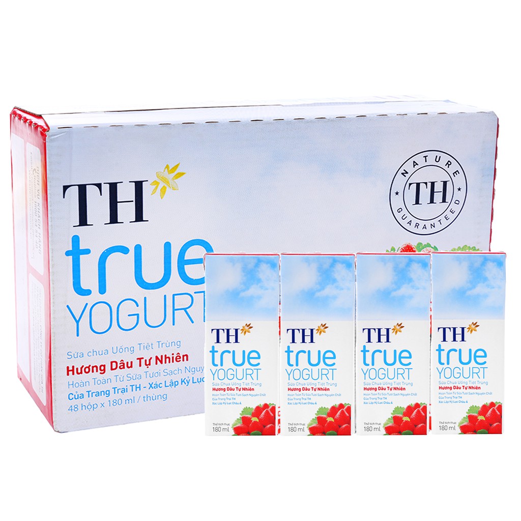 Thùng 48 hộp sữa chua uống hương dâu TH True Yogurt 180ml