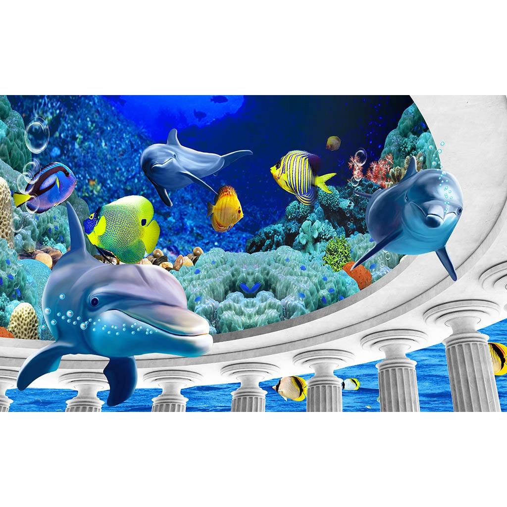 Tranh phòng khách 3D cá đại dương in decal