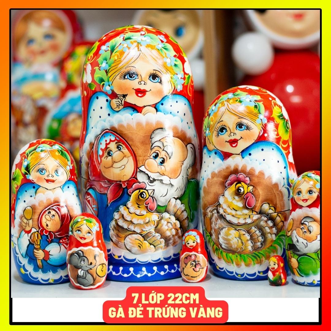 BỘ BÚP BÊ MATRYOSHKA 7 LỚP CAO 21 CM HOA VĂN &quot;CHUYỆN CỔ TÍCH GÀ ĐẺ TRỨNG VÀNG&quot;