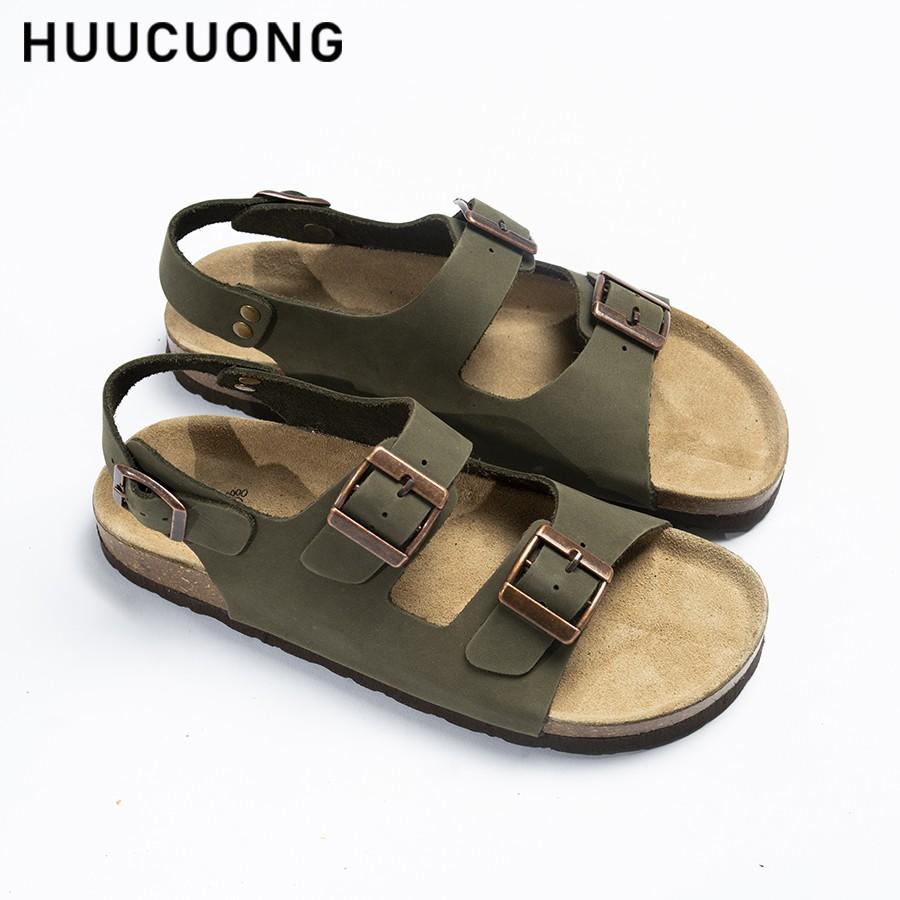 Sandal Unisex Huucuong 2 khóa da bò rêu đế trấu handmade