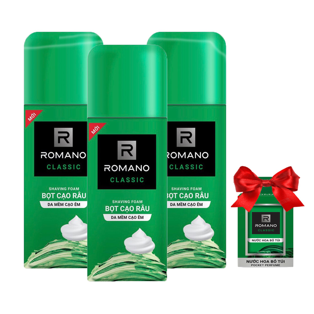 Combo 3 Chai Bọt cạo râu Romano Classic (175ml*3)+Tặng kèm nước hoa Bỏ túi Romano 18ml