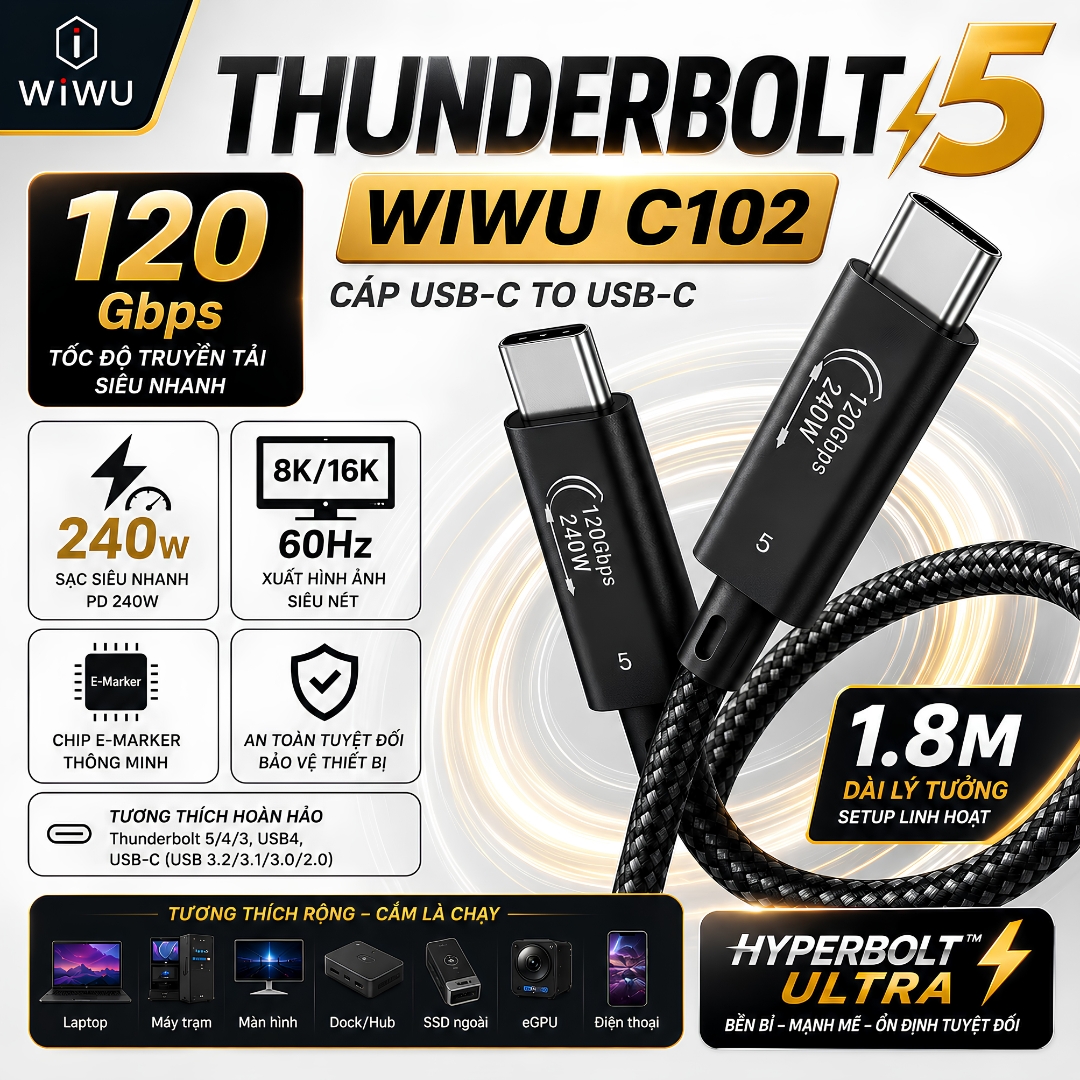Dây cáp sạc Thunderbolt 5 240W Chip E-Marker HyperBolt Ultra WIWU C102 USB-C to Type-C 1.8M 120Gbps PD 240W 8K/16K 60Hz cho Macbook / iPhone / iPad / Laptop - Hàng nhập khẩu