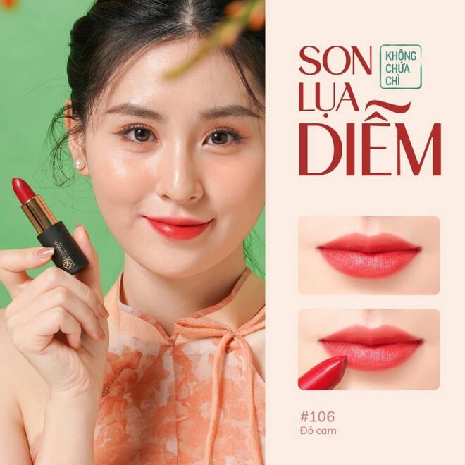 Son Môi Lụa Diễm Không Chì Mềm Mịn Mướt Môi An Toàn Từ Thiên Nhiên Cỏ Mềm 4G - 106 Đỏ Cam