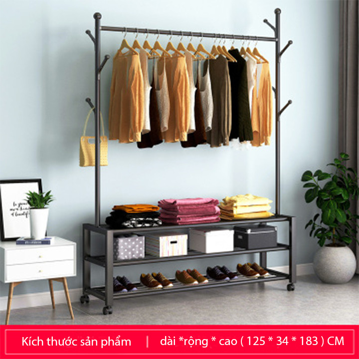 Giá treo quần áo và để giày dép 3 ngăn di động - Móc treo quần áo túi xách có ngăn kệ để đồ thông minh