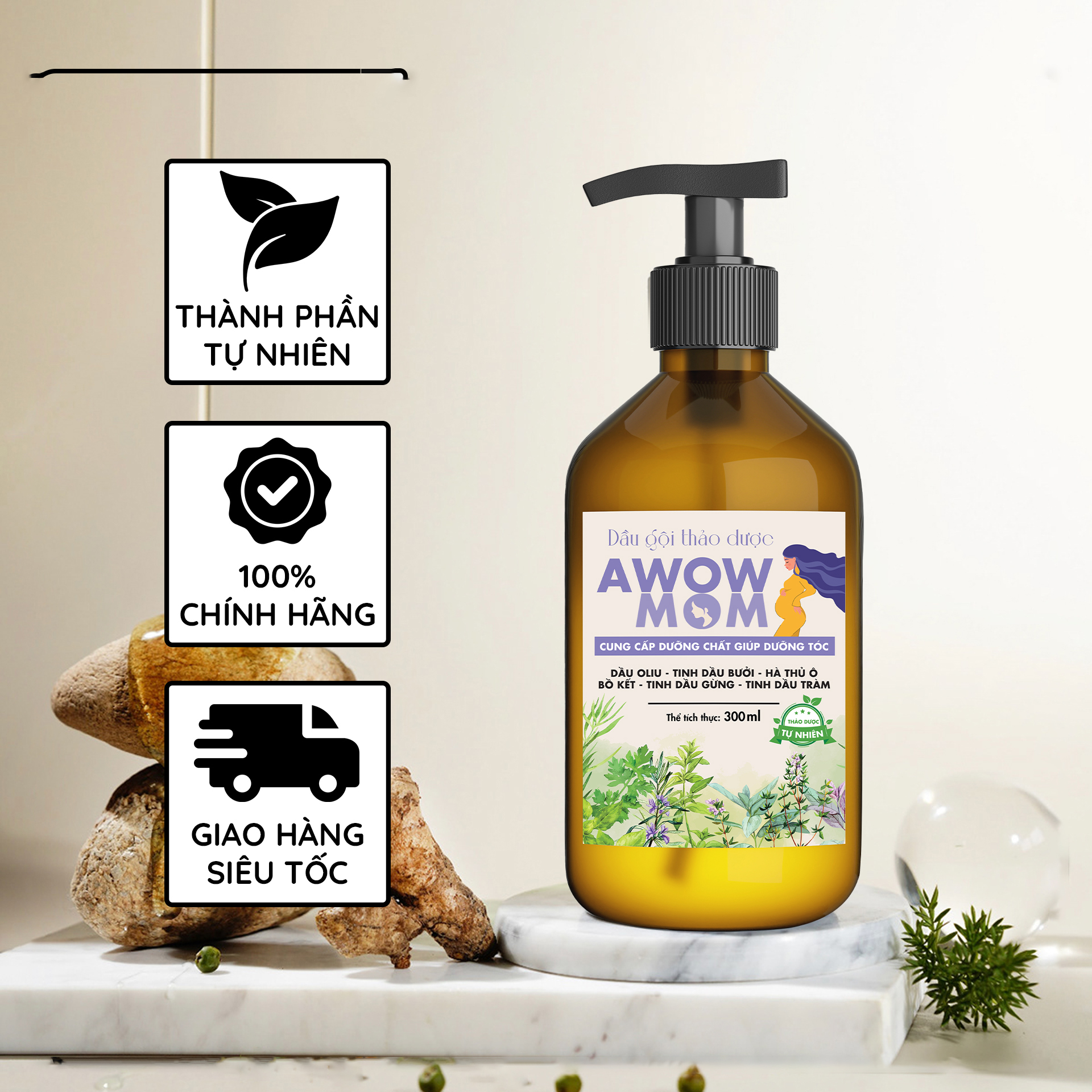 Dầu Gội Thảo Dược AWOW MOM - Dầu Gội Dành Cho Mẹ Bầu, Mẹ Sau Sinh An Toàn Lành Tính 300ml