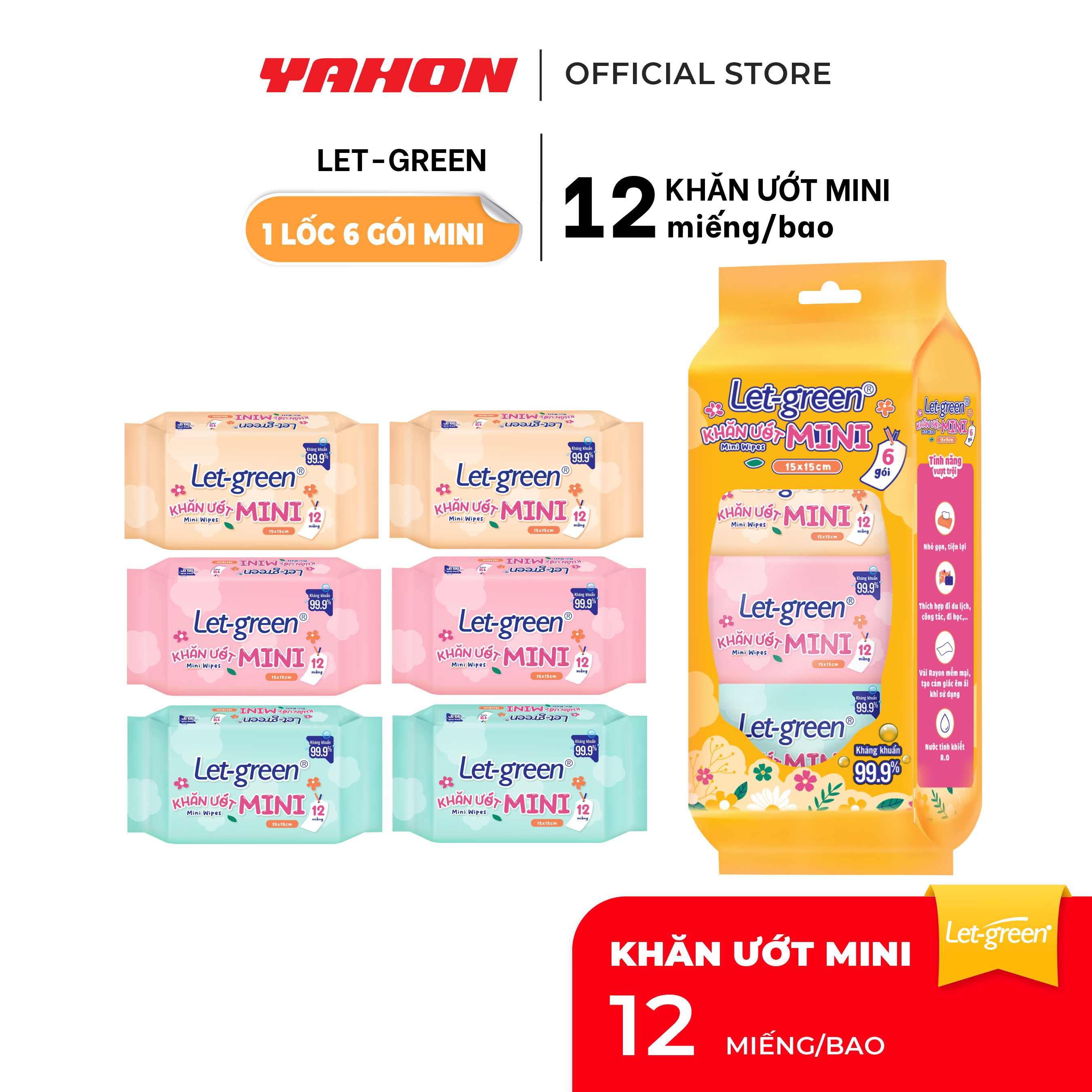 Combo Lốc Khăn Ướt Mini LET-GREEN 12 Miếng/Gói, 6 Gói/Lốc
