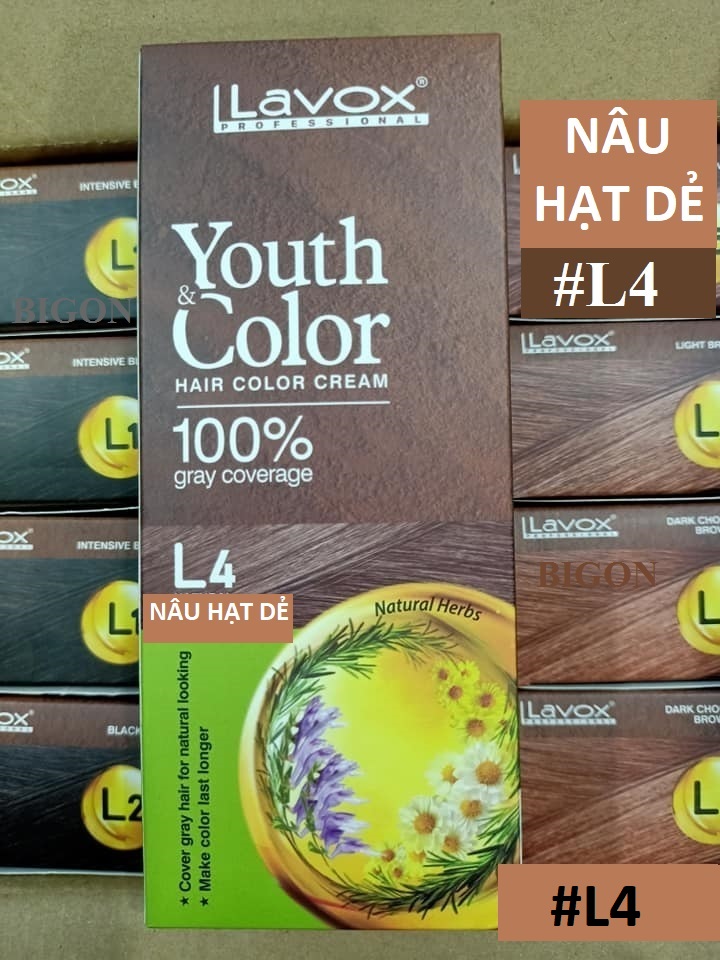 Nâu Hạt Dẻ #L4 Kem Nhuộm Dưỡng Tóc Phủ Bạc Lavox Youth&Color L4
