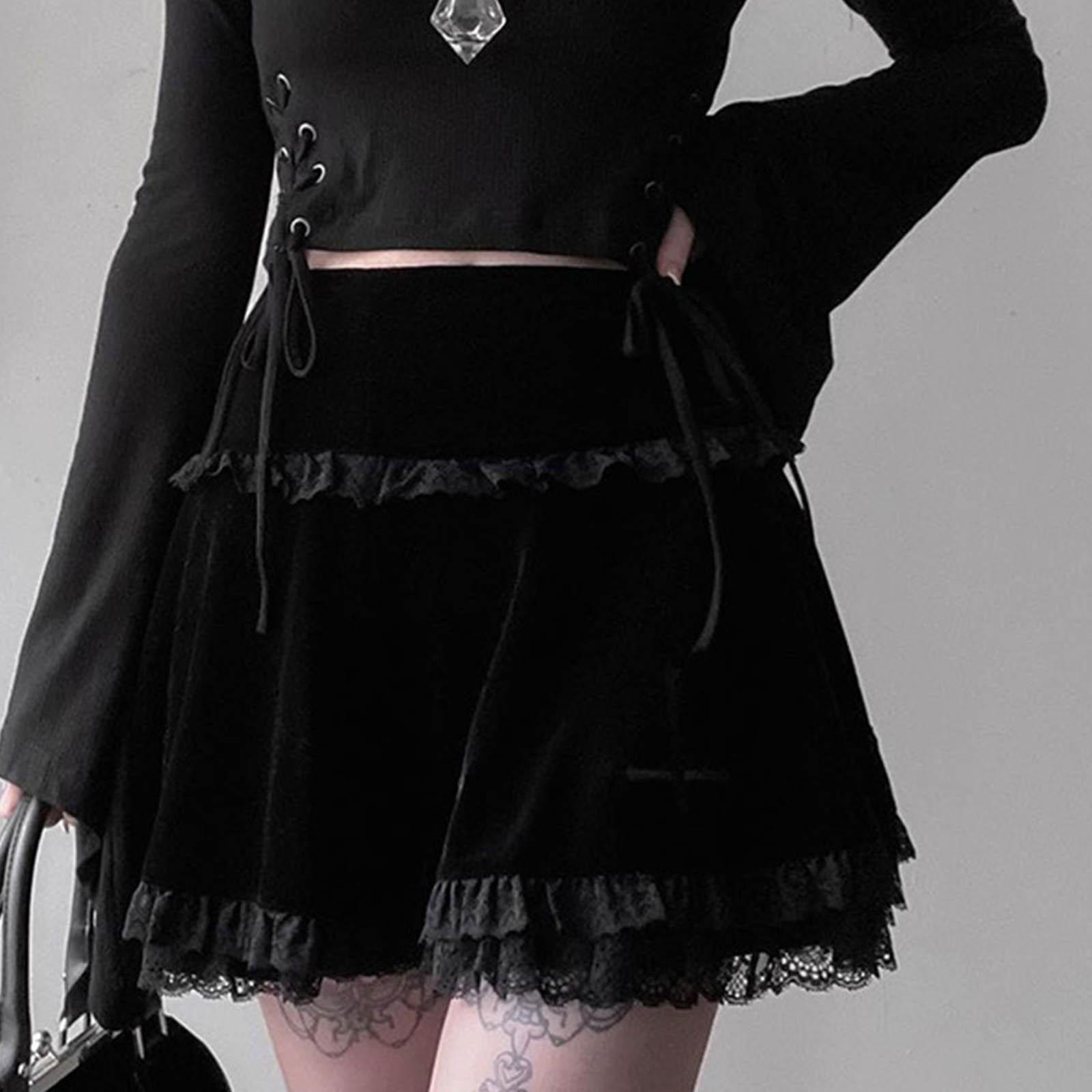 Cute Pleated Skirt A Line Lace Trim Comfortable Punk Dark Women Short Skirts for Girl