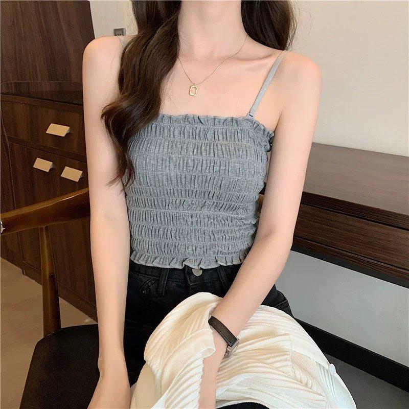 M31. Áo 2 dây croptop thun nhún sẵn mút ngực cá tính, áo nữ kiểu crotop sang chảnh 2022