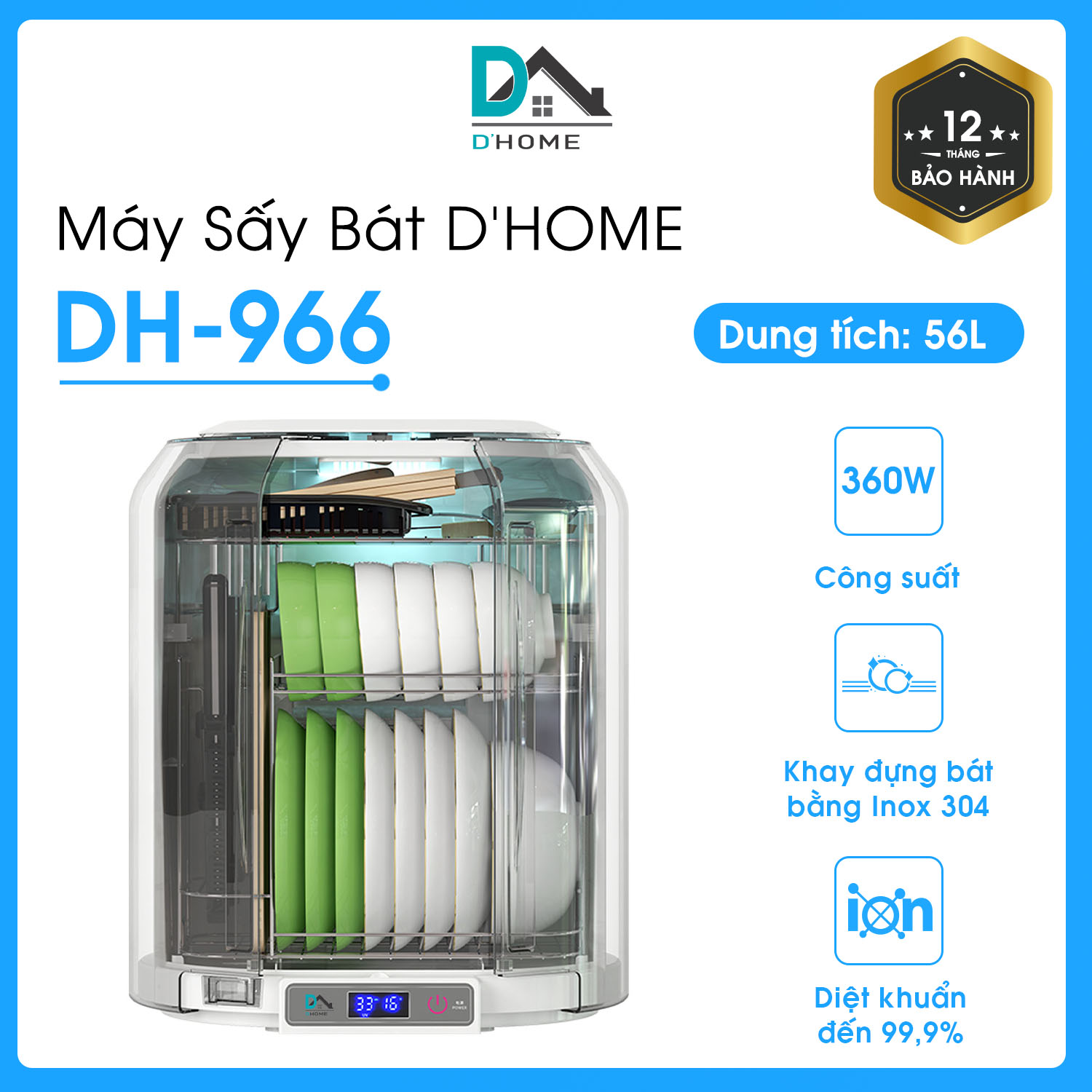 Máy Sấy, Chén Bát Chất Lượng DHOME DH-996 ( 56 Lít ) - Khử Trùng Bằng Tia Cực Tím - Hàng Chính Hãng