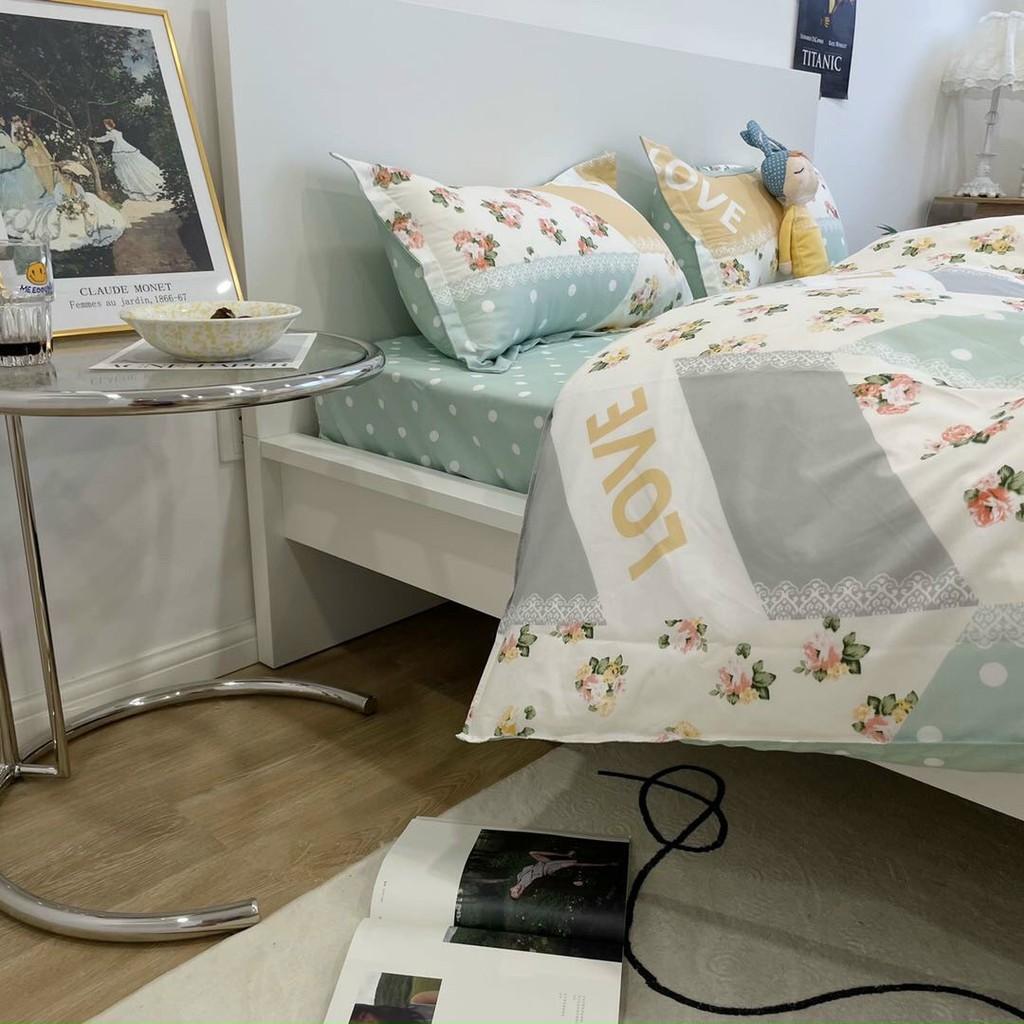 Bộ chăn ga gối Cotton Poly M2T bedding cánh hoa xanh, vỏ chăn mền, drap giường và 2 vỏ gối