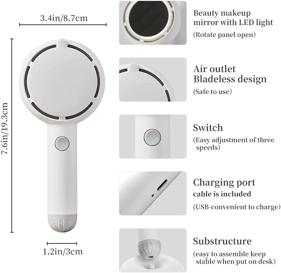 Quạt cầm tay Mini, Quạt cầm tay có thể sạc lại bằng pin với gương trang điểm LED