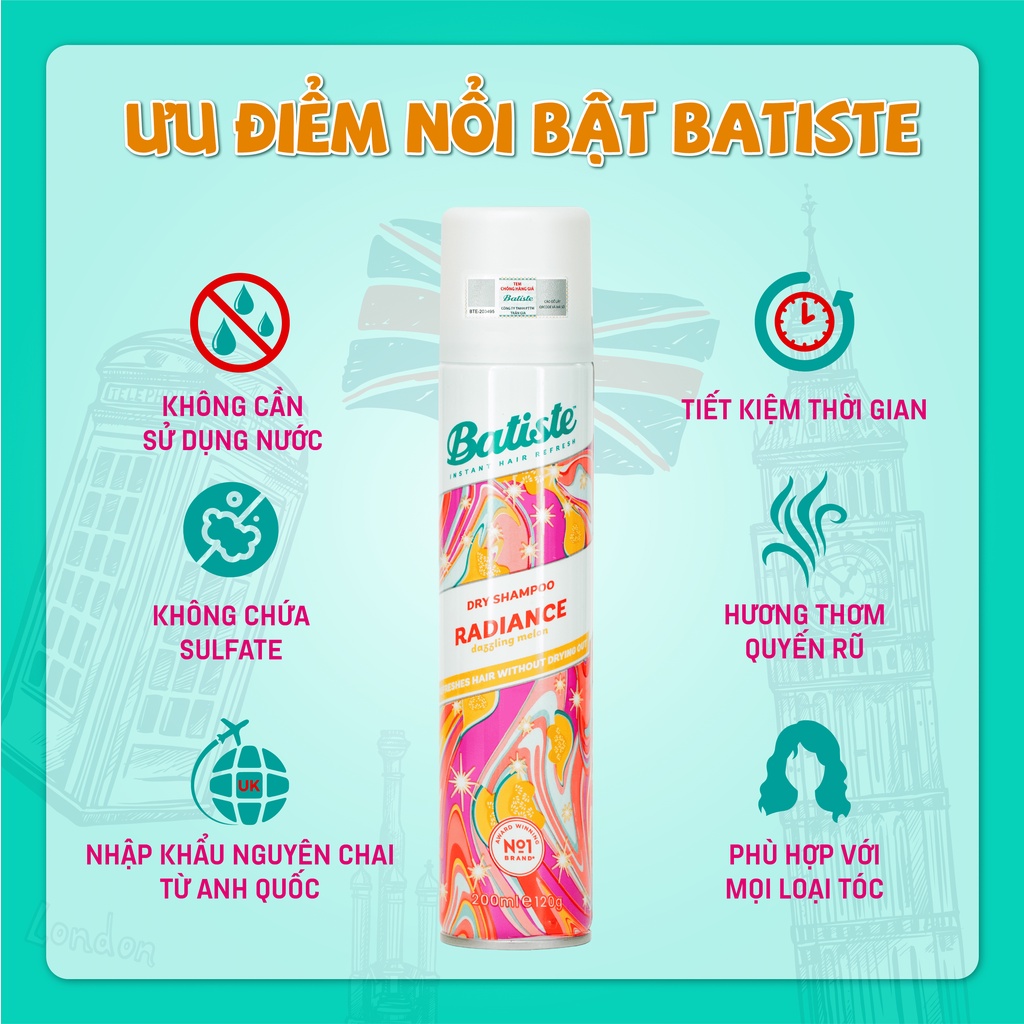 Dầu Gội Khô Hương Dưa Lưới Batiste Dry Shampoo RADIANCE Dazzling Melon 200ml