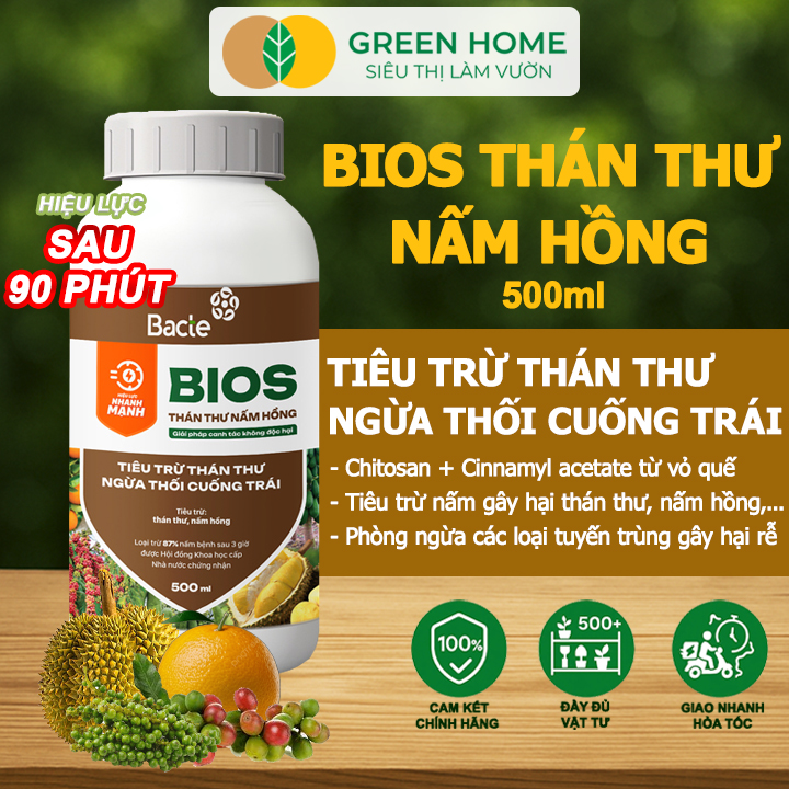 Chế Phẩm Sinh Học Bacte Bios Thán Thư Nấm Hồng, Green Home, Chai 500ml, Từ Thảo Mộc, Hiệu Lực Nhanh Mạnh