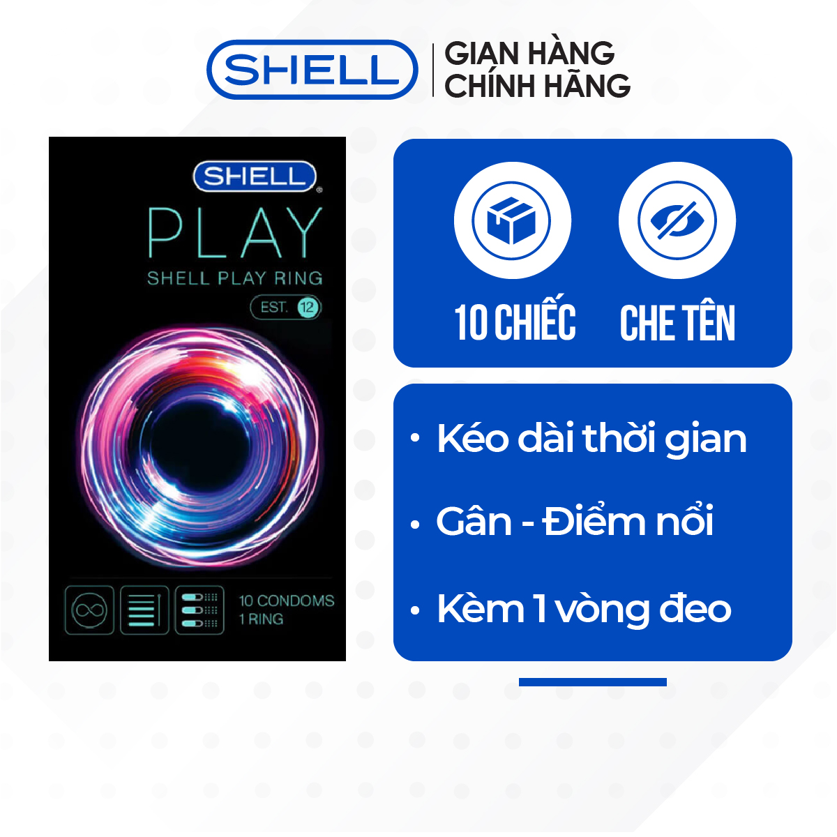 [Hộp 10 cái] Bao cao su Shell Play Ring 6 tính năng