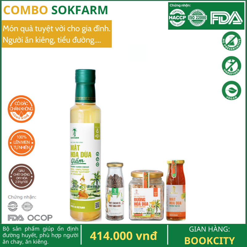 [COMBO SOKFARM] BỘ 4 SẢN PHẨM: MẬT HOA DỪA, ĐƯỜNG HOA DỪA, CA CAO MẬT HOA DỪA, GIẤM MẬT HOA DỪA DÀNH CHO GIA ĐÌNH, NGƯỜI ĂN KIÊNG, ĂN CHAY