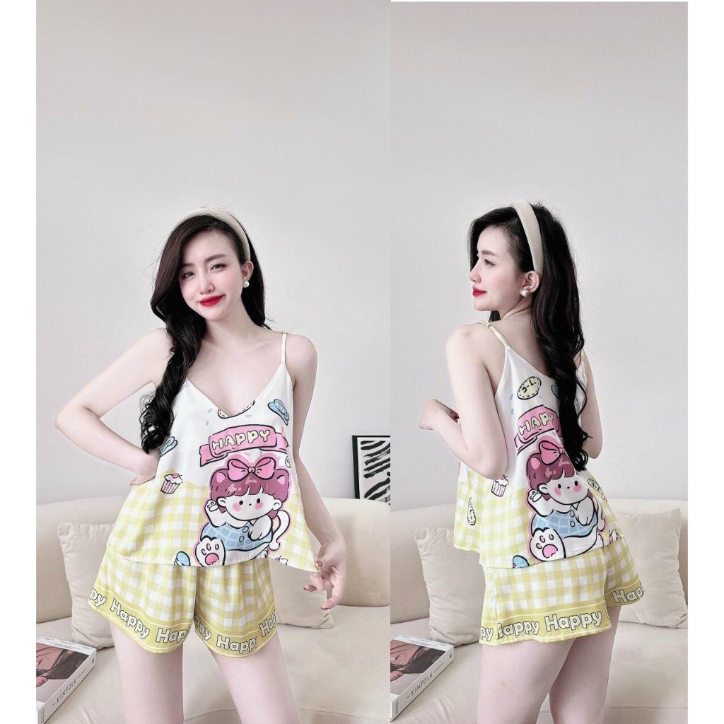 Bộ ngủ quần đùi,áo dây in hình lụa latin,45-58kg
